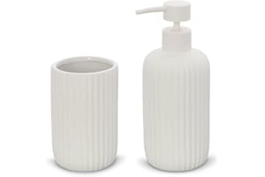 INBAGNO Set Accessori Bagno 2 Pezzi in Ceramica Bianco cannettato, Dispenser Sapone e portaspazzolini Soft Touch, Spring