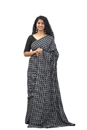 Buy Kiaaron Women's Ikat Hand Block Print Jaipuri Cotton Mulmul Saree with Blouse Piece -Black 