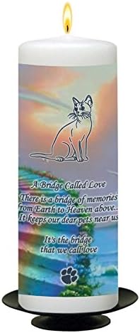 A Bridge Called Love Cat Memorial 6" White Wax Candle with special verse: There is a bridge of memories from Earth to Heaven above. It keeps our dear pets near us. Its the bridge that we call love.