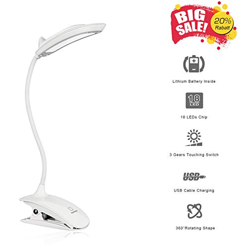 Preisvergleich Produktbild Agedate LED Leselampe mit USB Wiederaufladbare Klemmleuchte, 3-Stufe Helligkeit Augenschutz Dimmbar Schreibtischlampe [Weiße], Tragbare und Flexible LED Leselicht mit Clip[Energieklasse A+]