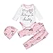 Produktbild Longra Neugeborene Baby Mädchen Brief Strampler Bodysuits Tops + Herz Hosen Hut 3 stücke Kleidung Set Baby Strampler Bekleidungssets Overall Romper Outfit Bodysuit (70CM 3Monate, Pink)