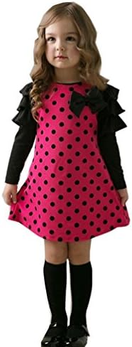 Lyshi Girls Bowknot Polka Dots Ruffle Long Sleeve Dress Tops 4 Years Rose red