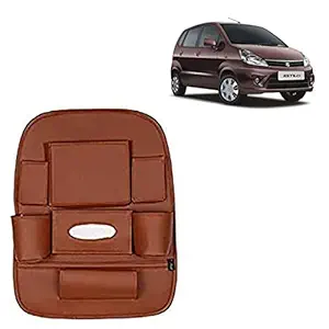 RD Universal PU Leather Car Auto Seat Back Organizer Multi Pocket Travel Storage Bag with Hangers, Tissue Paper and Bottle Holder-Tan Colour Compatible for Maruti Suzuki Zen Estilo