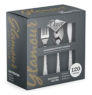 Decorline, Set de Vaisselle en Plastique Jetable - 120 Pièces - Cuillères, Fourchettes et Couteaux Résistants, Ensemble de Couverts Glamours - Argent