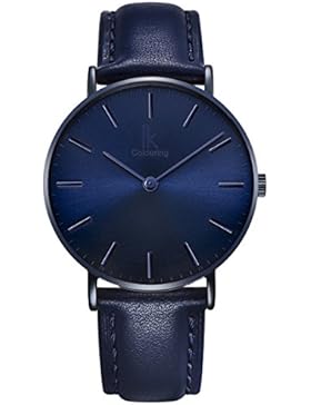 Alienwork Navy Blue Quarz Armbanduhr Ultra-flach Uhr Damen Uhren Herren Zeitloses Design Leder blau 98469NBL-03
