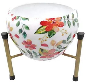 Globomotive Metal Pot with Stand - Floral Printed, Round Planters for Living Room, Balcony and Garden D