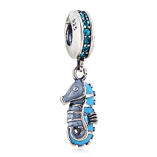 Ciondolo pendente con cavalluccio marino tropicale in argento Sterling 925, ciondolo con cristallo austriaco in zircone blu per braccialetti in stile europeo
