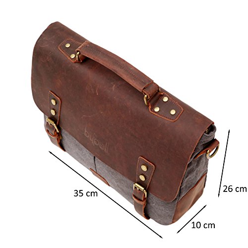 bupell Umhängetasche für Laptop und Akten aus echtem Büffel-Leder und Canvas – Für Notebooks bis 14″ – Unisex Vintage Messenger Bag, Aktentasche, Schultertasche, Notebooktasche – - 2