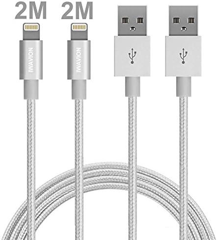 iPhone Charger, IWAVION 2Pack 6FT/2M Lightning Cable Long Nylon Braided 8Pin USB Data Sync Cord for Apple iPhone 7/7Plus/6/6s/5/5S/5C/SE/Plus,iPad 4,iPad Air 1/2/Pro/Min, iPod Nano/Touch (Silver)