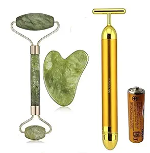 MORVIKA T-Shaped Energy Beauty Bar Gold Electric Vibration Facial Massage With Anti Aging 100% Natural Jade Stone Facial Roller With Gua Sha Tools. Face and Body Massager