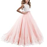 ☘ Blumenmädchen Kleid Hochzeit Brautjungfer Lang Abendkleid Spitzenkleid Tüll Festanzug Abendkleid Erste Kommunionkleider Formal Maxikleid. Dieses Kleid kann ein passendes Geschenk für Ihre Prinzessin sein. Schöner Entwurf für Ihre Prinzessin und machen Sie Ihr kleines Mädchen, das so unterscheidend ist