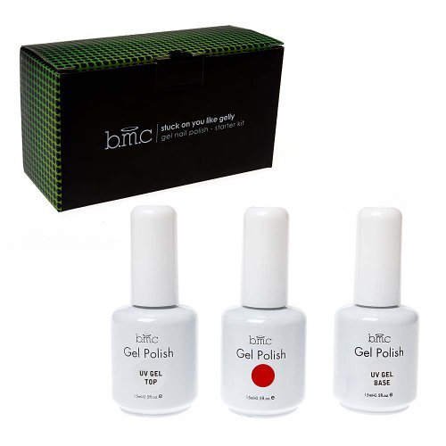 BMC UV LED Gel Nail Art Polish 3pc Kit One Color Red Top Base Coat Manicure Set