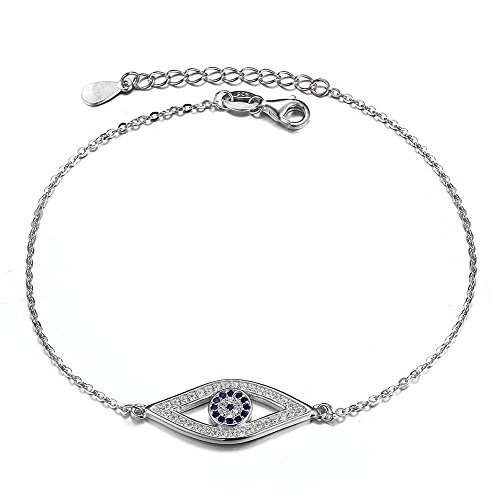 TONGZHEBlue Evil Eye Bracelet Sterling Silver 925 Cubic Zirconia Adjustable 6.5inches+1.5inches for Women