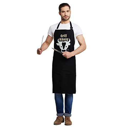 Inhoma Grillschürze bedruckt: „Grill König“ in Schwarz | 100% Baumwolle | Barbecue-Schürze mit praktischen Taschen & verstellbarem Nackenband | extra groß 1x1m | Männergeschenk | mit Spruch - 6