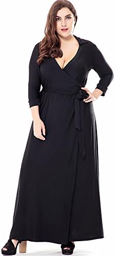 ONECHANCE Women 3/4 Sleeve Wrap Cross V Neck Floral Maxi Long Dress with Belt Color Black Size 22w