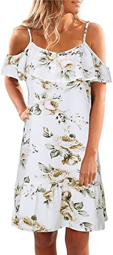 Yieune Summer Dress Floral Print Beach Dress Short Sleeve Round Neck Sundresses Off the Shoulder Evening Party Dress (White XL)