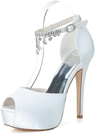 Elegant high shoes Women Wedding Shoes PL-3128-21 Rhinestone Platform Pump Satin Bridal Shoes with Silk Pendants, White, 39