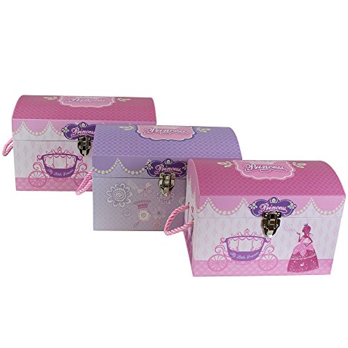 JVL Girls Princess Treasure Toy Chests Storage Boxes with Metal Clasp and Rope Handles - Set of 3