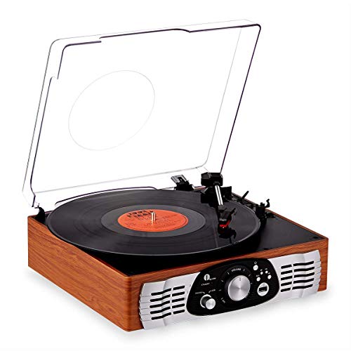 1byone Belt-Drive 3-Speed Stereo Turntable with Built in Speakers, Supports Vinyl to MP3 Recording, USB MP3 Playback, and RCA Output, Natural Wood