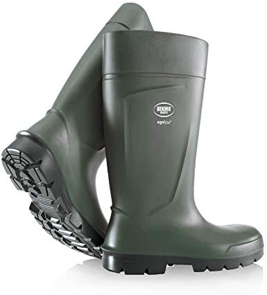 BekinaSafety boots for men and women with steel toecap and steel sole, non-slip, agricultural work boots, feather light, impervious to water, mud or detergents, insulating up to - 20 degrees, green, UK 10.5