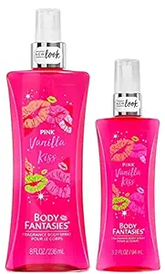 Body Fantasies Signature Fragrance Body Mist for Girls & Womens Pink Vanilla Kiss, | Long Lasting Body Spray and Perfume for Women | No Gas | Made in USA | Pack of 1 x 236ml & 1 x 94ml