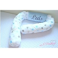 Grau,blau Sterne Bettschlange bis 2m mit Name Bestickung