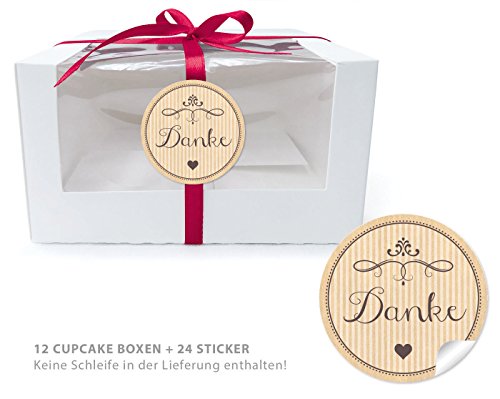 12 CUPCAKE PATISSERIE BIO BOXEN + 24 AUFKLEBER: 12 Geschenk-Boxen mit Sichtfenster (Muffin Box/ Gift Box / Schachtel / Aufbewahrungsbox) und 24 Aufkleber DANKE NATUR im "Packpapier-Look" • Optimal für selbstgemachtes Weihnachtsgebäck, Schokolade, Hochzeitsmandeln Weihnachtsgeschenke, Gastgeschenk zur Hochzeit und für viele weitere Anlässe: Taufe, Geburtstag, Muttertag, Ostern • Flach liegend geliefert, faltbar • Format: Länge 13cm x Breite 11cm x Höhe 8cm