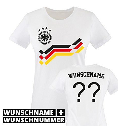EM 2016 – RETRO-TRIKOT – WUNSCHDRUCK – Damen T-Shirt – Weiss / Schwarz-Rot-Gelb Gr. M