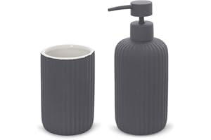INBAGNO Set Accessori Bagno 2 Pezzi in Ceramica Grigio cannettato, Dispenser Sapone e portaspazzolini Soft Touch, Spring