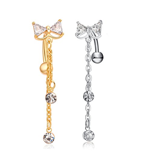 2 Stück Nabelpiercing Bauchnabel Ring baumeln Bowknot klar CZ Navel Bar Gold / Silber überzogen baumeln Körper Schmuck Piercing