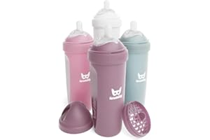 Herobility Double Anti-Colic Baby Bottles - 12 fl oz / 340 ml - Pack of 4 - Multicoloured - White, Grey, Pink, Hawthorn Rose