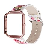 Gimartuk Echtes Lederband für Armbanduhr, Armband mit Blumenmuster, Armband Für Fitbit Blaze mit Stahlrahmen, damen, Flower+Rose Gold Frame, Small / Large