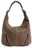 handtasche italienisch leder AMBRA Moda Damen Ledertasche Shopper Wildleder Handtasche Schultertasche Beuteltasche Hobo Tasche Groß WL822 (Steinfarben)