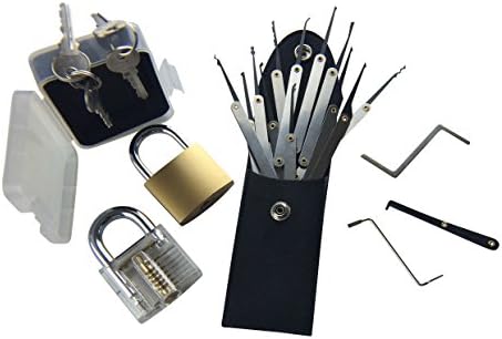 Professional 15pcs Practice Lock Pick Set: 12 picking tools, 1 key extractor, 2 strong tension wrenches, 1 cutaway lock and 1 real lock. locksmith getting started booklet included and a bonus ebook