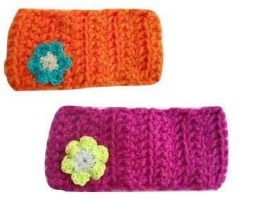 Crochet Queens Baby girl Thick woolen Headband with flower/ear warmer / 3-12 years/Orange and Magenta - COMBO Set of 2