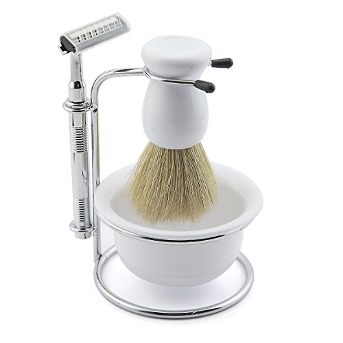 Portable Men Shaving Set Shaver Beard Brush Kit With Five Razor and Soap Dish Stand Bowl (white)