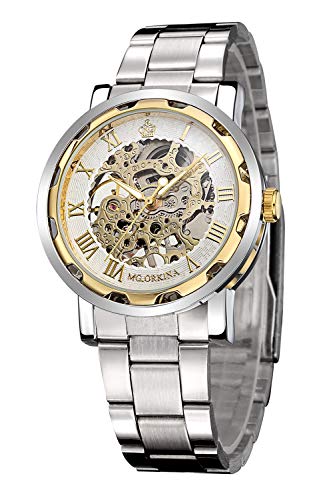 GuTe Mechanical - Orologio stile steampunk con meccanismo a vista e carica manuale, unisex, colore: bianco e oro