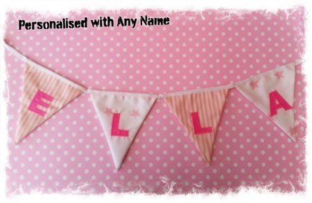 Girls Fabric Name Bunting - Personalised Wall Letters - Handmade Pink Stripe Design (6 letters/flags)