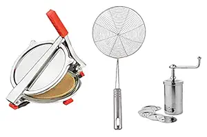 Vessel Crew Combo of Stainless Steel Puri/Roti Maker Press, Steeel Sev/Namkeen Maker and Deep Fry Puri/Pakoda Strainer
