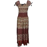 Mogul Interior Womens Maxi Dress Brown Off Shoulder Flare Beach Gypsy Dresses One Size