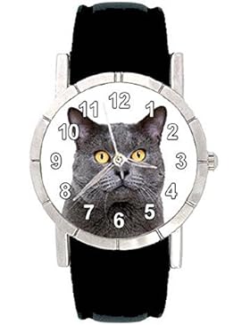 Chartreux Katze - Damenuhr mit Lederarmband schwarz