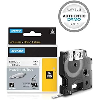 Dymo 18051 RhinoPRO Heat-Shrink Cable Label Tubes, 6 mm x 1.5 m Cassette, Black Print on White ...