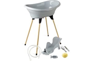 THERMOBABY - Pack Bain Bébé Vasco 7 en 1 Gris - Baignoire + Pied + Vidange + Transat de bain réglable + Thermomètre + Eponge + Brosse et peigne - Fabriqué en France
