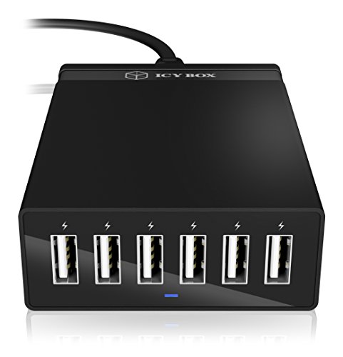 Icy Box IB-CH601 6-fach USB-Schnellladegerät (6x USB mit 5 V / 2,4 A) mit Schuko-Stecker, Überspannungs-/Kurzschlussschutz (schwarz) - 2