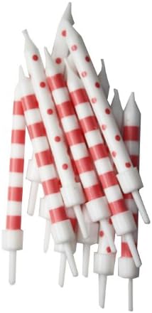 Parisienne Eiffel Tower Theme Party - Coral &amp; White Spots &amp; Stripe Cake Candles x 12