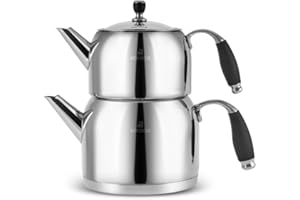 Karaca Stella Set de Théière Turque en Acier Inoxydable, Bouilloire 2L, Théière 1L, Poignées Résistantes à la Chaleur, Finition Poli, Compatible Induction Turkish Teapot & Caydanlik