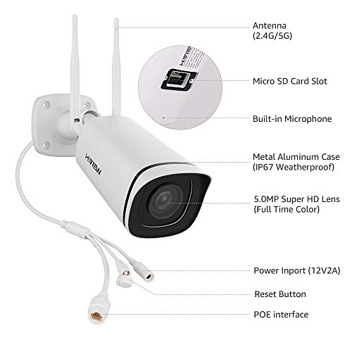 H.VIEW IP Kamera Außen 5MP Bunte Nachtsicht Funk Überwachungskamera ONVIF 2.4/5GHz Farbbild Sicherheitskamera Mikrofon Bewegungserkennung mit SD Slot(Max 128GB)