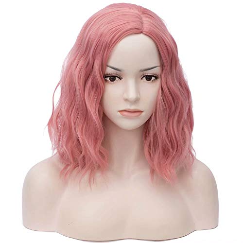 COSPLAZA Fumée Rose Court Cheveux Ondulés Bouclés pour Femmes Synthétique Cosplay Halloween Perruques Utilisation Quotidienne Naturel 16"