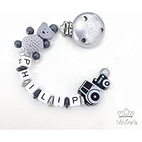 Schnullerkette mit Namen - Kleiner Prinz - Traktor - Bär mit Häkelperle - Junge - silber - grau - schwarz - A002 - A019