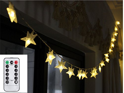 TokoDirect 5m 50er LED Lichterkette Batteriebetrieb Sterne mit Fernbedienung & Zeitschaltuhr (8 Modi, 4W, Dimmbar,Warmweiß)